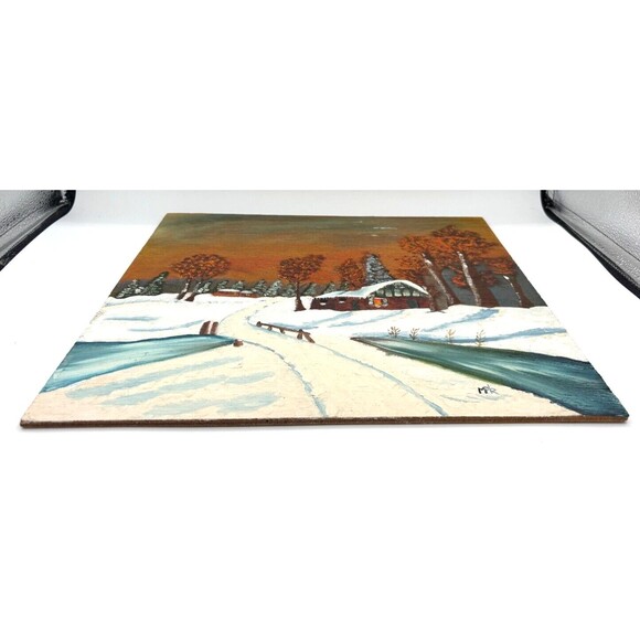 Winter Scene Painting Hand Painted Original Acrylic Rough Wood Raw Edge Signed - Picture 6 of 11